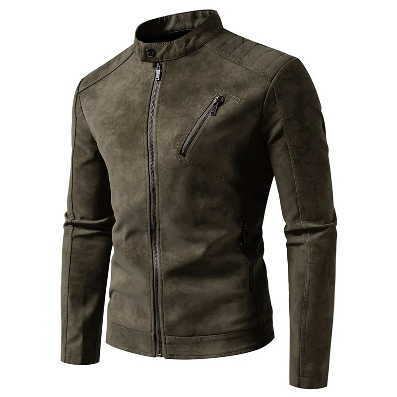 Men’s Windproof Leather Jacket – Retro Stand Collar Coat