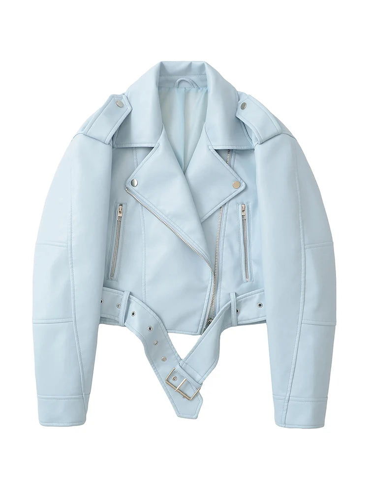 Women’s PU Leather Biker Jacket – Belted Short Coat