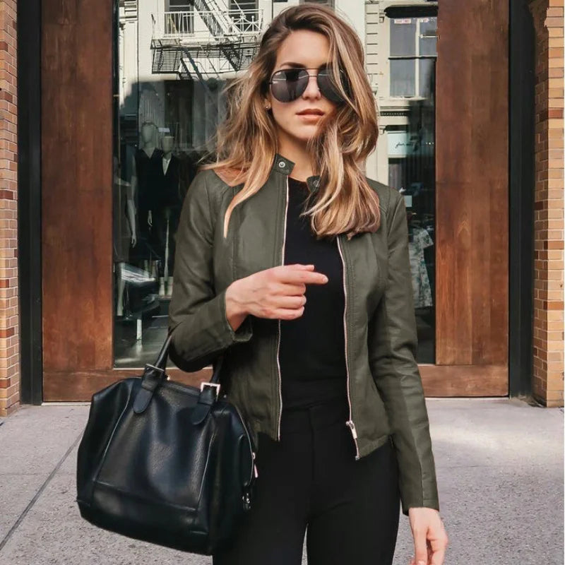 Women’s Slim PU Leather Jacket – Moto Biker Coat