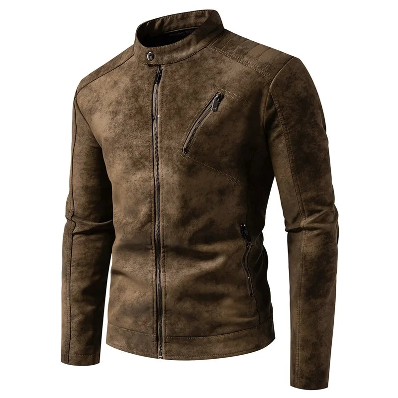 Men’s Windproof Leather Jacket – Retro Stand Collar Coat
