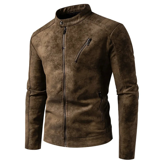 Men’s Windproof Leather Jacket – Retro Stand Collar Coat