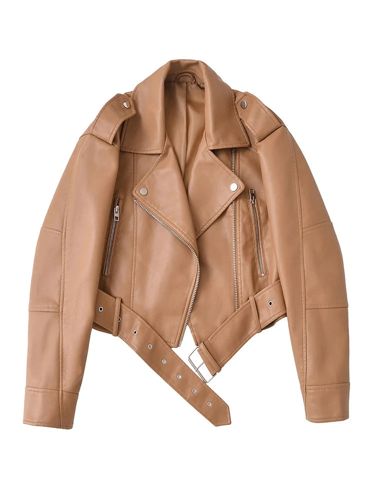 Women’s PU Leather Biker Jacket – Belted Short Coat