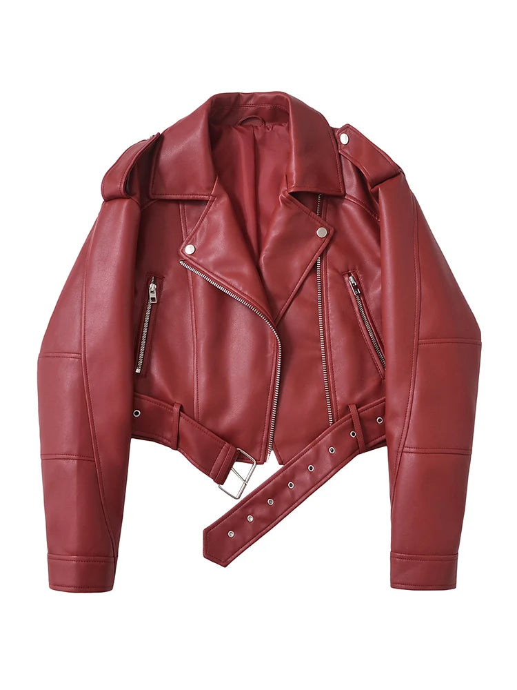 Women’s PU Leather Biker Jacket – Belted Short Coat