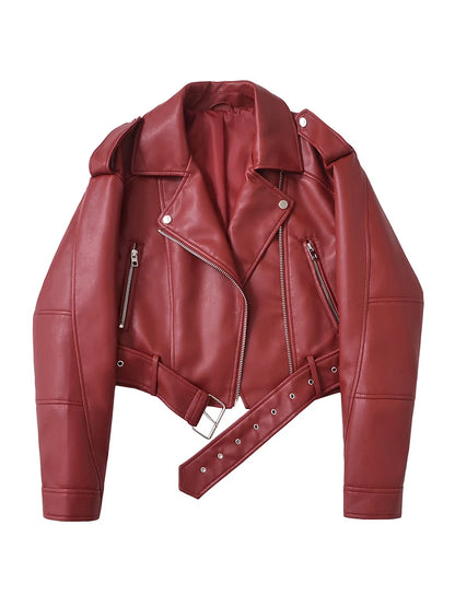 Women’s PU Leather Biker Jacket – Belted Short Coat