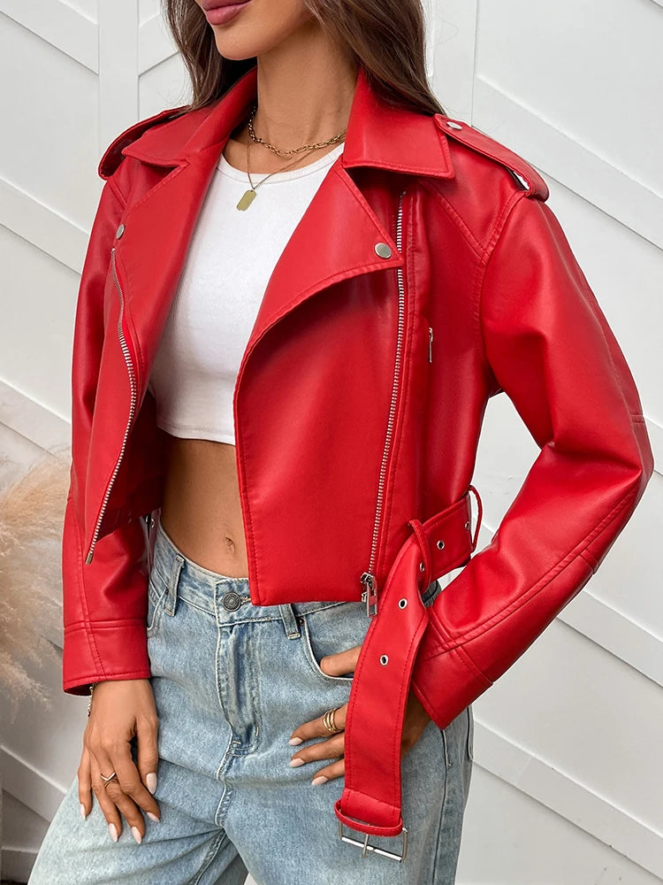 Women’s PU Leather Biker Jacket – Belted Short Coat