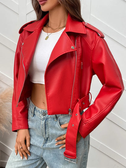 Women’s PU Leather Biker Jacket – Belted Short Coat