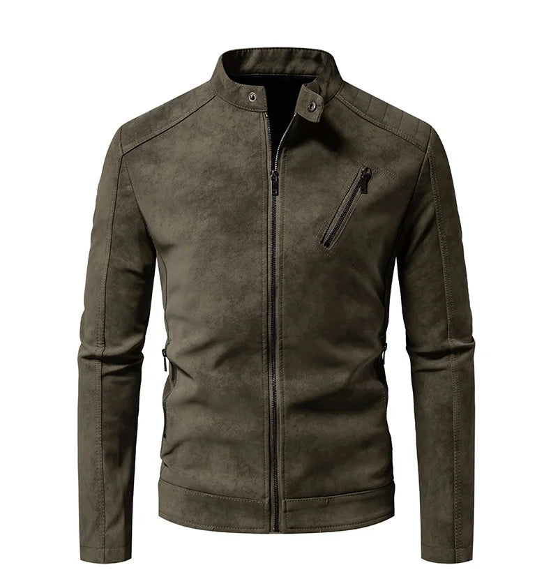 Men’s Windproof Leather Jacket – Retro Stand Collar Coat