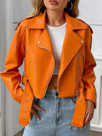 Women’s PU Leather Biker Jacket – Belted Short Coat