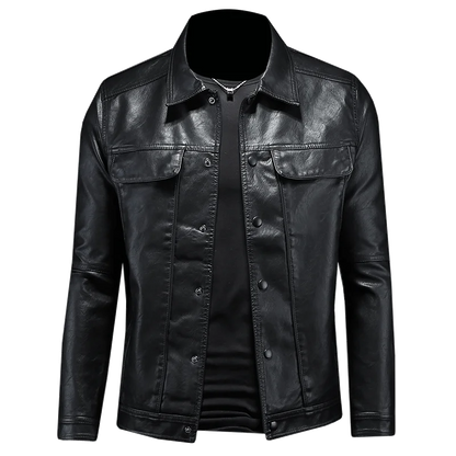 Men’s Solid Color Leather Coat – Slim Fit Moto Jacket