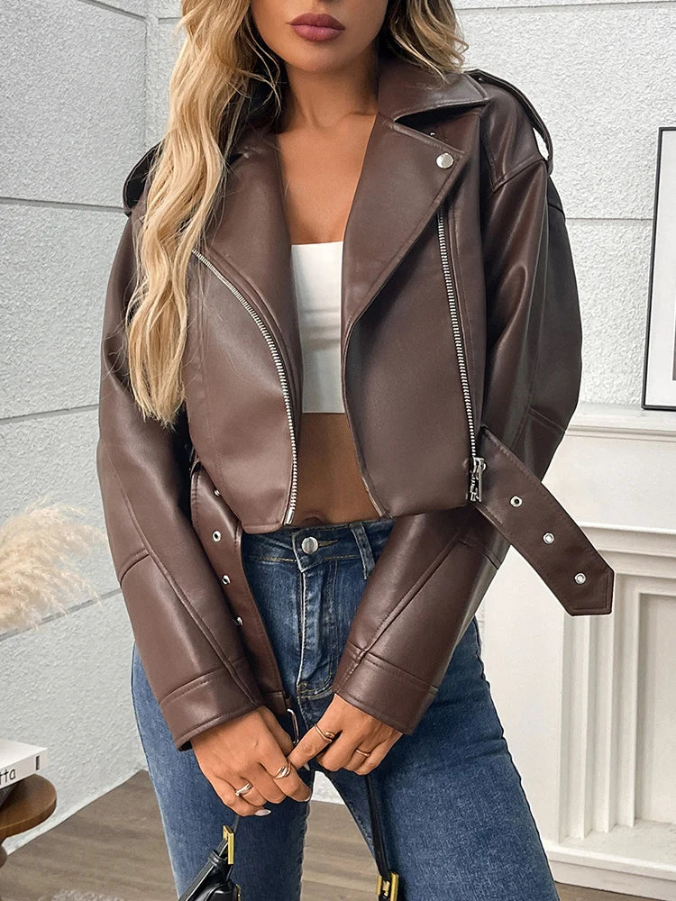 Women’s PU Leather Biker Jacket – Belted Short Coat