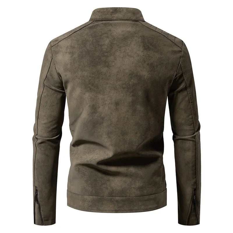 Men’s Windproof Leather Jacket – Retro Stand Collar Coat