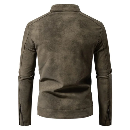 Men’s Windproof Leather Jacket – Retro Stand Collar Coat