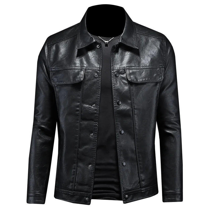 Men’s Solid Color Leather Coat – Slim Fit Moto Jacket