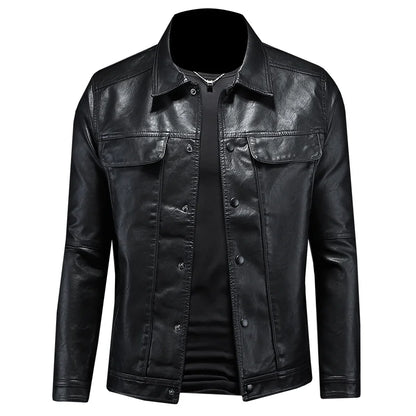 Men’s Solid Color Leather Coat – Slim Fit Moto Jacket