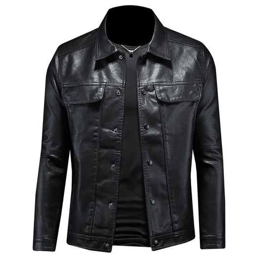 Men’s Solid Color Leather Coat – Slim Fit Moto Jacket