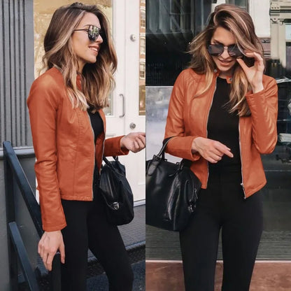 Women’s Slim PU Leather Jacket – Moto Biker Coat