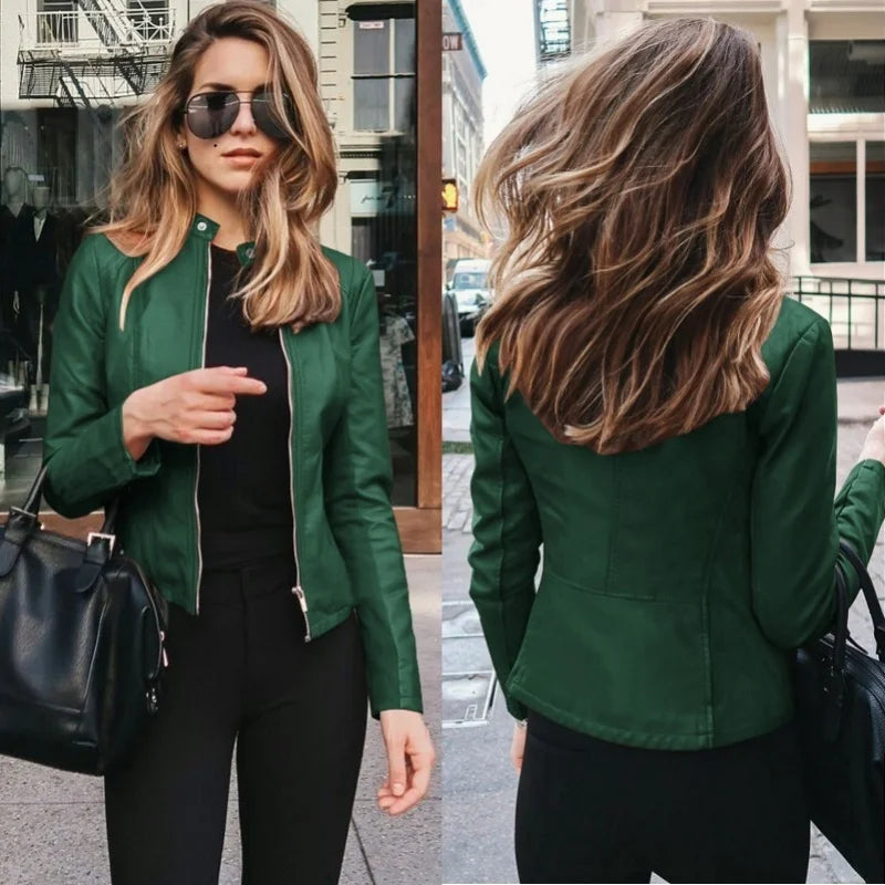 Women’s Slim PU Leather Jacket – Moto Biker Coat
