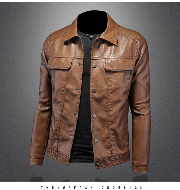 Men’s Solid Color Leather Coat – Slim Fit Moto Jacket