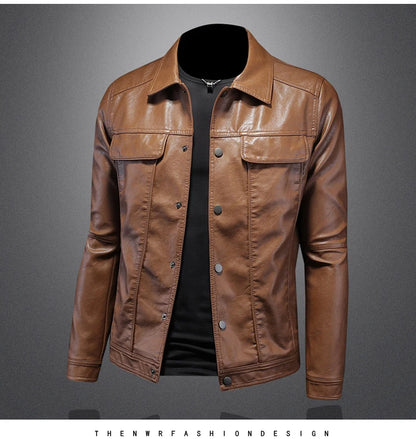 Men’s Solid Color Leather Coat – Slim Fit Moto Jacket