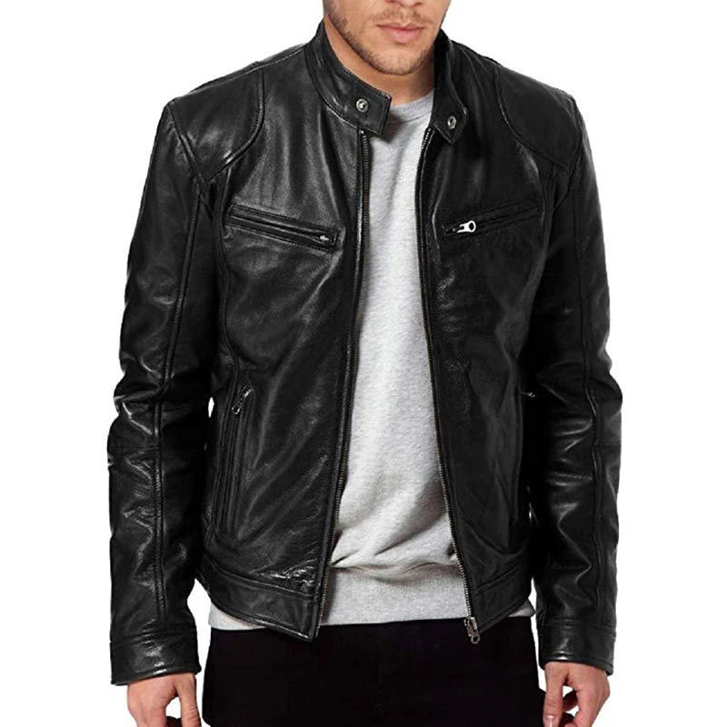 Men’s Motorcycle PU Leather Jacket – Slim Fit Coat