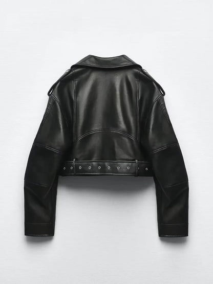 Women’s PU Leather Biker Jacket – Belted Short Coat