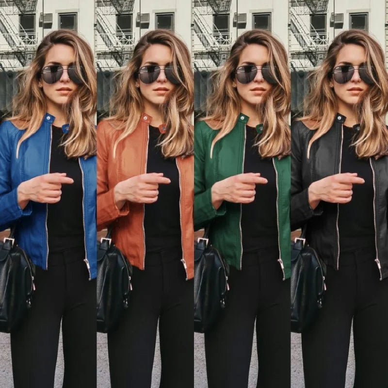 Women’s Slim PU Leather Jacket – Moto Biker Coat