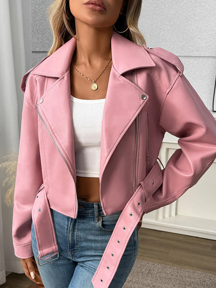 Women’s PU Leather Biker Jacket – Belted Short Coat