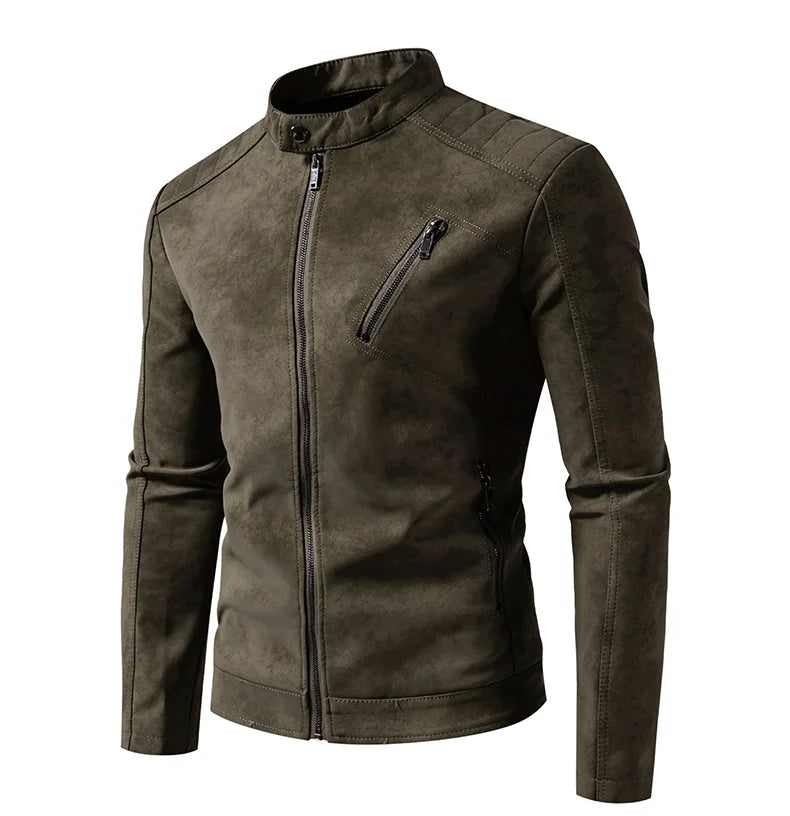 Men’s Windproof Leather Jacket – Retro Stand Collar Coat