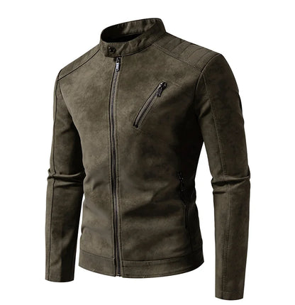 Men’s Windproof Leather Jacket – Retro Stand Collar Coat