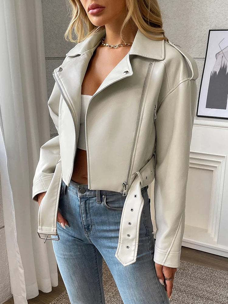 Women’s PU Leather Biker Jacket – Belted Short Coat