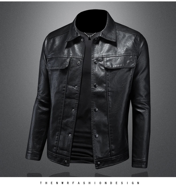 Men’s Solid Color Leather Coat – Slim Fit Moto Jacket