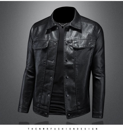 Men’s Solid Color Leather Coat – Slim Fit Moto Jacket