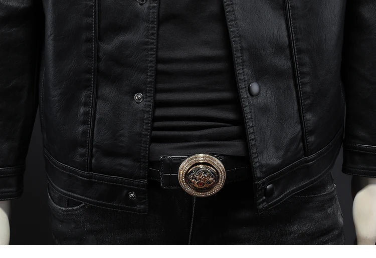 Men’s Solid Color Leather Coat – Slim Fit Moto Jacket