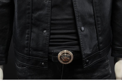 Men’s Solid Color Leather Coat – Slim Fit Moto Jacket