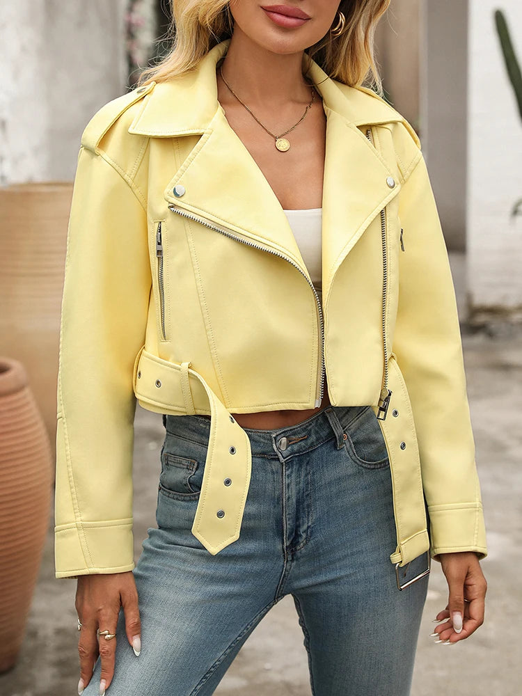 Women’s PU Leather Biker Jacket – Belted Short Coat