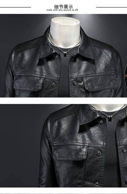 Men’s Solid Color Leather Coat – Slim Fit Moto Jacket