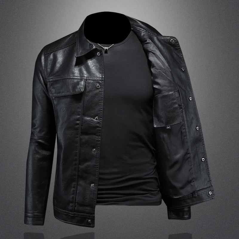Men’s Solid Color Leather Coat – Slim Fit Moto Jacket