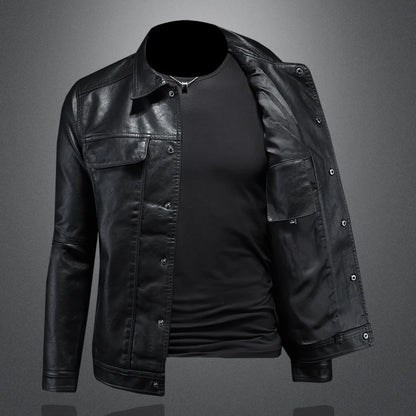 Men’s Solid Color Leather Coat – Slim Fit Moto Jacket