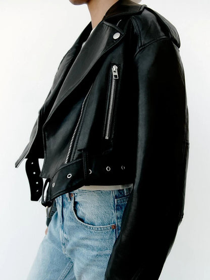Women’s PU Leather Biker Jacket – Belted Short Coat