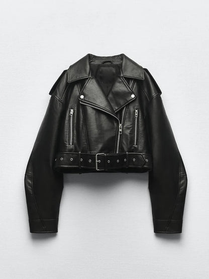 Women’s PU Leather Biker Jacket – Belted Short Coat