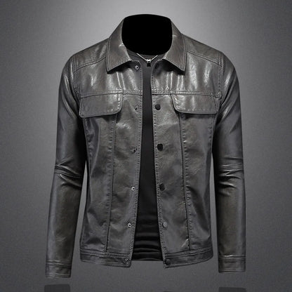 Men’s Solid Color Leather Coat – Slim Fit Moto Jacket