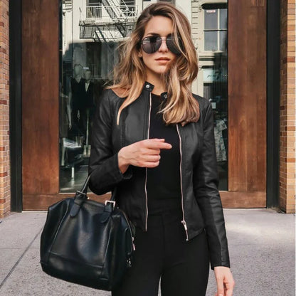 Women’s Slim PU Leather Jacket – Moto Biker Coat