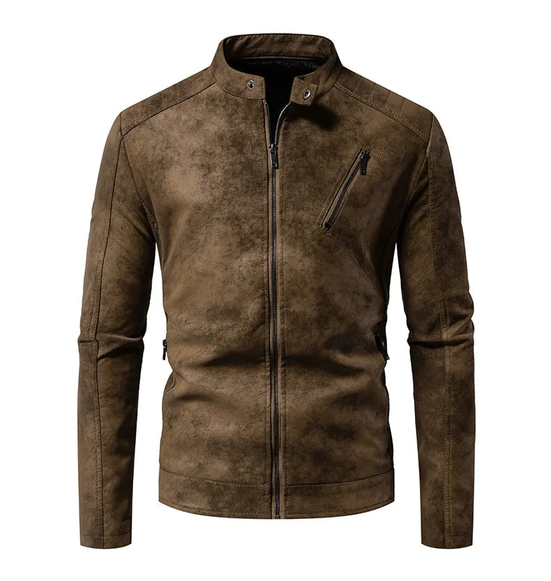 Men’s Windproof Leather Jacket – Retro Stand Collar Coat