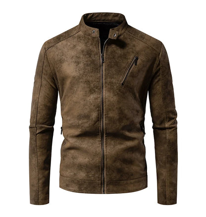 Men’s Windproof Leather Jacket – Retro Stand Collar Coat