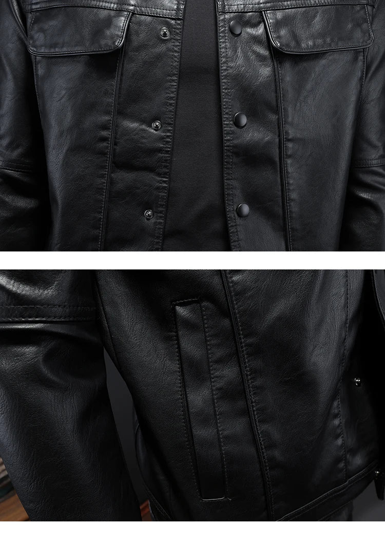 Men’s Solid Color Leather Coat – Slim Fit Moto Jacket