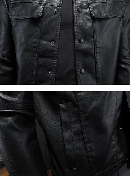 Men’s Solid Color Leather Coat – Slim Fit Moto Jacket