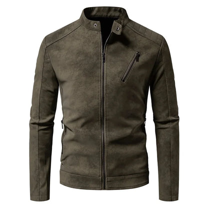 Men’s Windproof Leather Jacket – Retro Stand Collar Coat