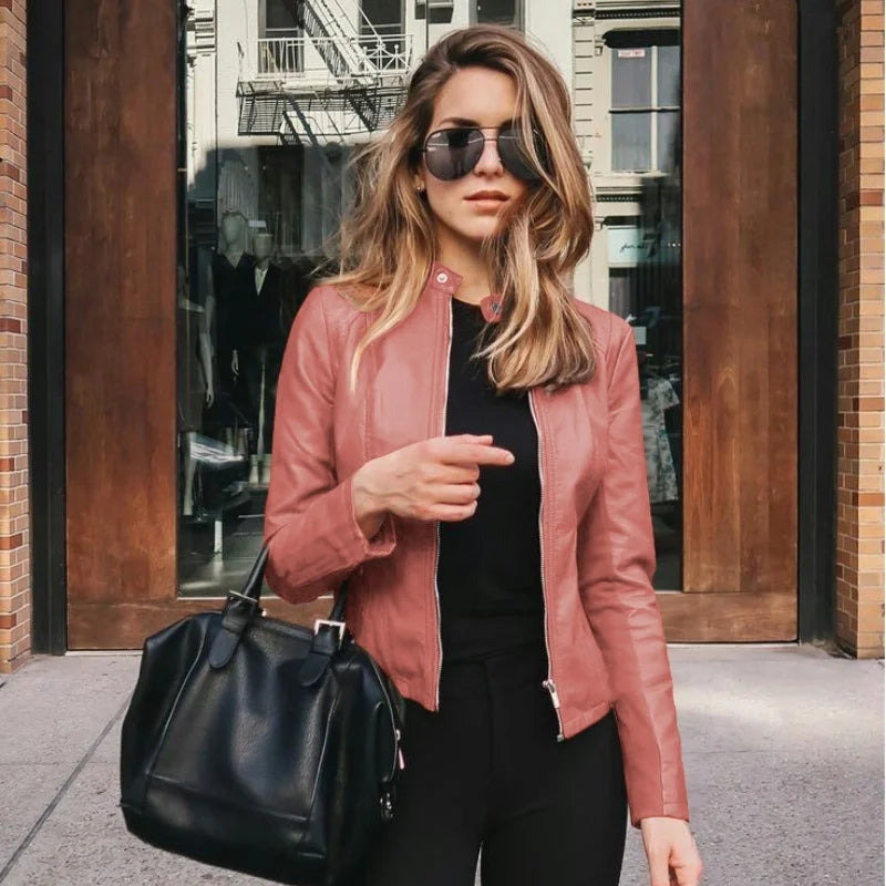 Women’s Slim PU Leather Jacket – Moto Biker Coat