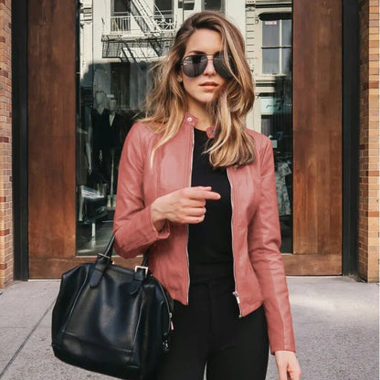 Women’s Slim PU Leather Jacket – Moto Biker Coat