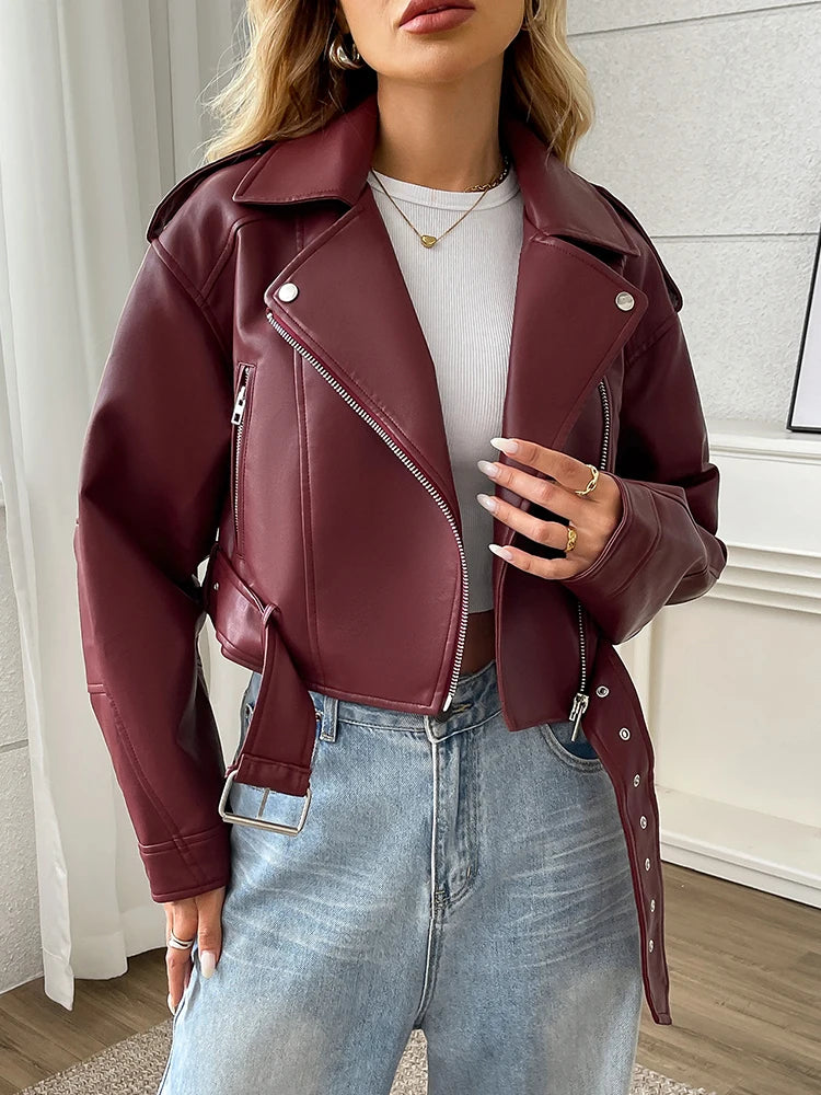 Women’s PU Leather Biker Jacket – Belted Short Coat